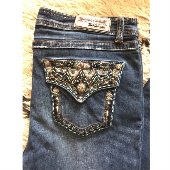 Grace Denim - Grace LA Distressed Embroidered Flap Pocket Jeans